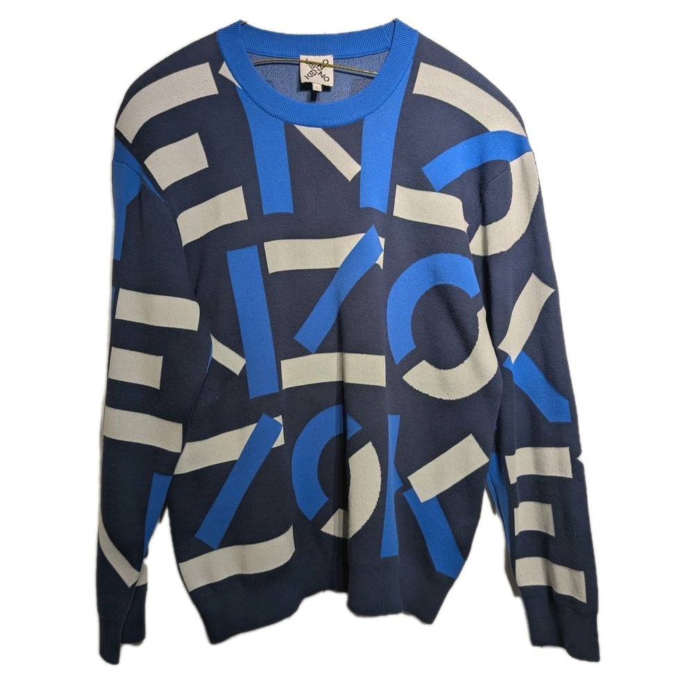 Vtg Rare Kenzo Sweater Men L Blue Allover Logo Graphic Crewneck Knit Y2K Paris
